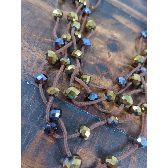 Macys Necklace & Earring Set, Leather Cord Multiple Strands, Beaded Gold & Brown - Picture 6 of 7